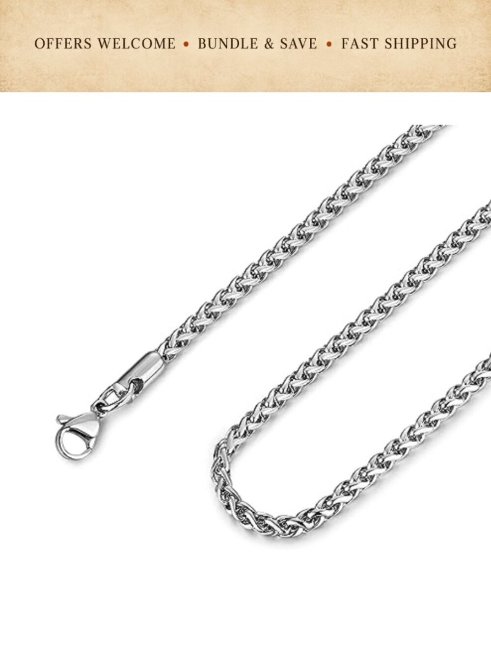 Stainless Steel Wheat Chain Necklace 3mm Unisex 16-30 Inch